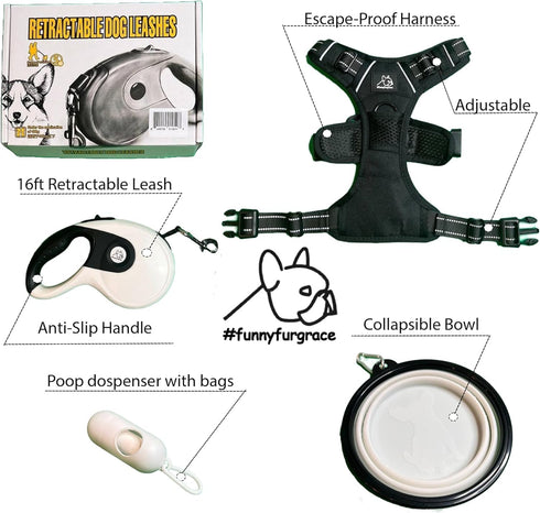 Funny Fur Grace Dog Walking Set - Black & White: Adjustable Escape-Proof Harness, 16ft Leash, Pup Bags, Bowl - Medium