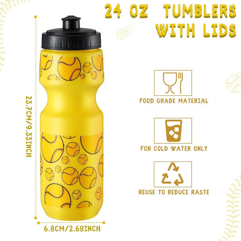 Hosuly 24 Pcs 24 oz Baseball Water Bottle Set, Drawstring Bag, 12 Reusable Plastic Tumblers for Party Favor (Yellow)