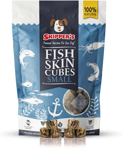 SKIPPER'S Cod Fish Skin Jerky Cubes 9 Oz - Gently Air Dried Single Ingredient Crunchy Dog Treats, Grain Free