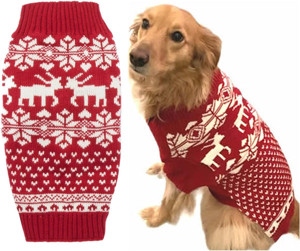 Red Christmas Dog Sweater, Reindeer Holiday Festive Xmas Sweater for Large Dogs, Back 20" Girth 22-26" (XL)