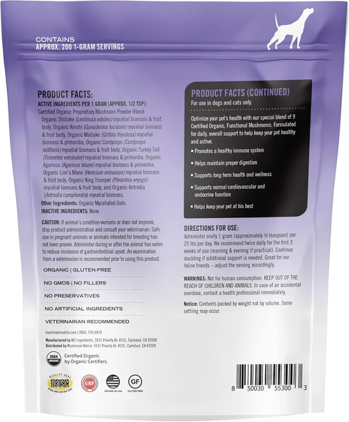Om Mushroom Matrix Pet - Canine, Daily Functional Immune Support for Dogs & Cats, 200 Grams, USA Grown