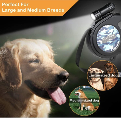 Best Dog Supplies Camping Dog Leash, 26ft/8M Camo Retractable Leash with Built-in Flashlight for Night Walks