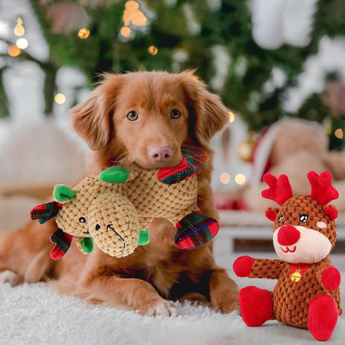 2 Pack Christmas Squeaky Plush Dog Toys for Small Medium Dogs, Durable and Indestructible Dog Toys,Stuffed Squeaky Toys for Dogs Puppy Toys Include Two Color Cute Elk