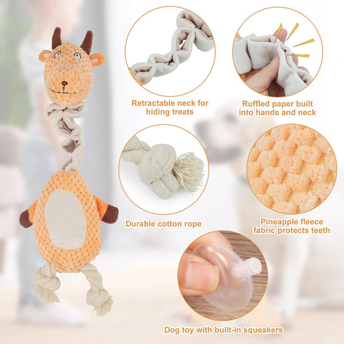 Durable Tough Squeaky Dog Toys, Stuffed Animal Chew Toy with Crinkle Paper, Interactive Rope Toys for All Dog Sizes,