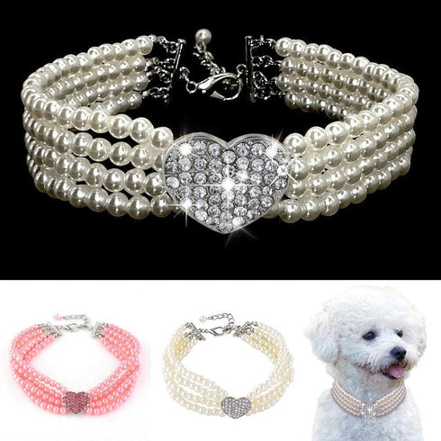 Dogs Kingdom 4 Rows Bling Rhinestone Heart Decor Collar Necklace, Dog Cat Pearls Necklace, White, M:10-12" Neck