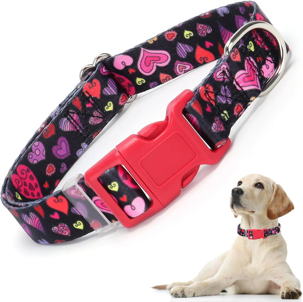 Dog Collar for Large Dogs, Cute Heart Patterns for Girls & Boys, Adjustable Soft Pet Collar with Safety Buckle (Heart L)