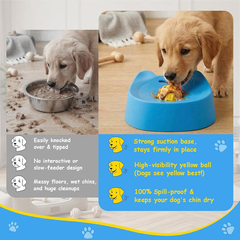 Termony 4 (2,Bicolor) Non-Slip Slow Feeder Dog Bowl, Silicone Lid & Rolling Ball for Liquid/Wet Food. Suction Cup Lick
