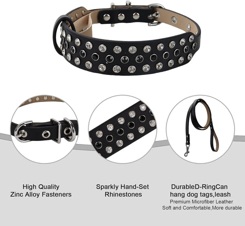 Rhinestone Dog Collar with Bling Diamond, Adjustable Sparkly Crystal Studded Microfiber Leather for Dogs