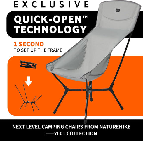 YL01 1 Setup Backpacking Naturehike Plus Snap Camping Chair, Second Frame, Portable Chair with Padded Headrest