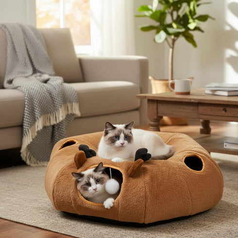 20 3-in-1 Cat Tunnel Bed with Pcs Interactive Toys, DIY Collapsible Plush Cat Tube with Washable Mat, Large Indoor Play
