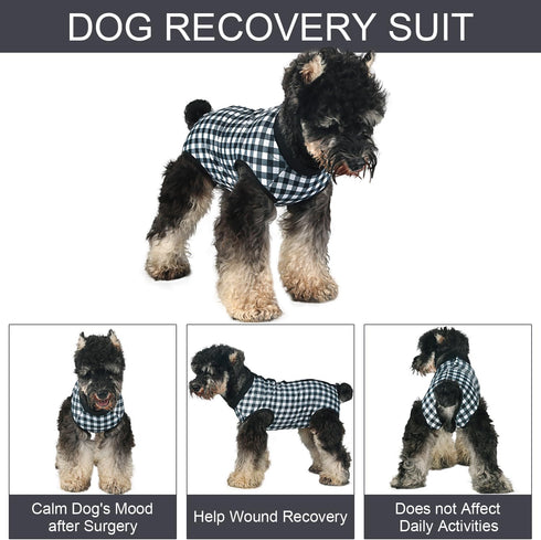 Dog Surgery Suit - Black Plaid Onesie for Female & Male Dog Spay/Neuter Recovery, Medium
