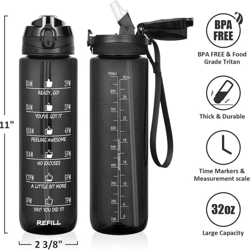 Fimibuke 32 oz 1L Water Bottle with Sleeve - BPA Free Leakproof Sport Large Plastic Motivational Water Bottle