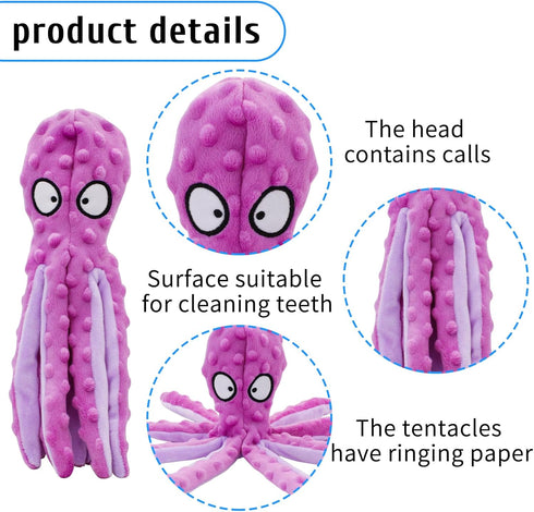 Squeak Dog Toy, 12.5In Plush Octopus Dog Toy with Crinkle Paper and Squeaky Inside, No Stuffing Dog Toys for Indoor Dog (purple)