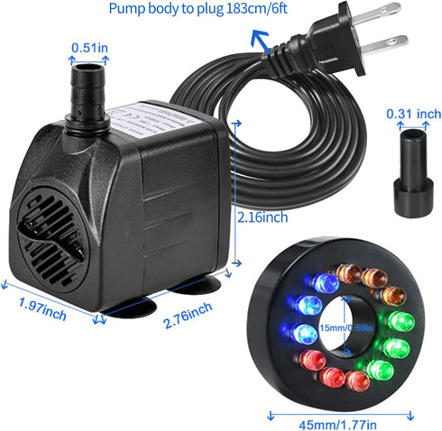 15W 264GPH Submersible Fountain Pump with 12 Colorful LED Lights for Outdoor Pond, Aquarium, Water Feature
