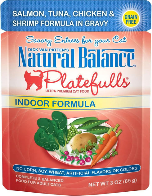 Natural Balance Platefulls Indoor Salmon, Tuna, Chicken & Shrimp in Gravy Cat Food, 3 oz (Case of 24)