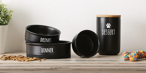 Bone Dry Ceramic Pet Bowls for Dogs & Cats, Dishwasher & Microwave Safe, Non-Slip Bottom, Medium Set, Black