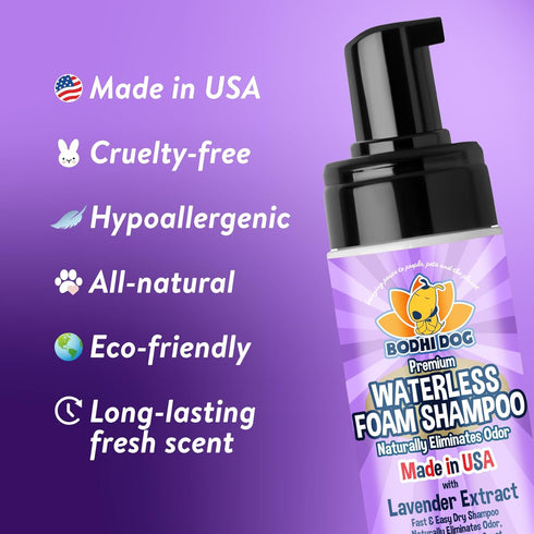 Bodhi Dog Waterless Foaming Shampoo, Natural Pet Shampoo for Dogs & Cats, No Rinse Required (Lavender, 8oz)