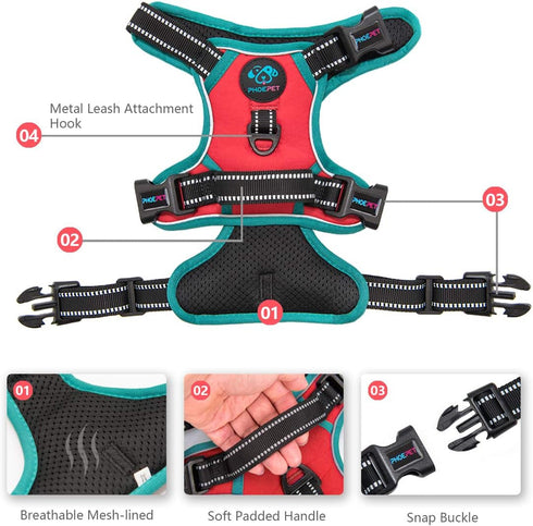 PHOEPET 2019 Reflective Dog Harness for Large Breed, Adjustable No Pull Vest with Handle, 2 Metal Rings, Red (L)
