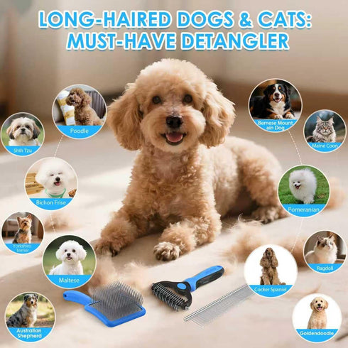 3 1 Large Dog Slicker Brush for Goldendoodles, Poodles - in Grooming Kit with Undercoat Rake, Comb - Extra Long Pins