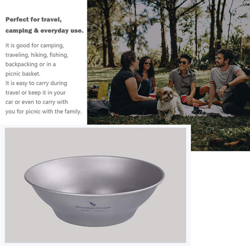 Ultralight Titanium Bowl Pan Plate Dish with Carry Bag - Boundless Voyage Cookware for Outdoor Camping (Ti15165B, 800ml