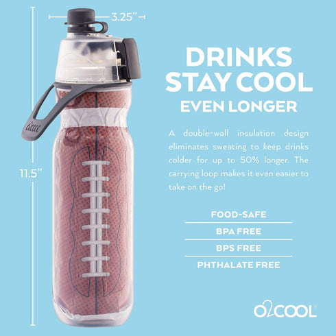 O2COOL Mist 'N Sip Misting Water Bottle, No Leak Pull Top Spout, 20 oz (Football)