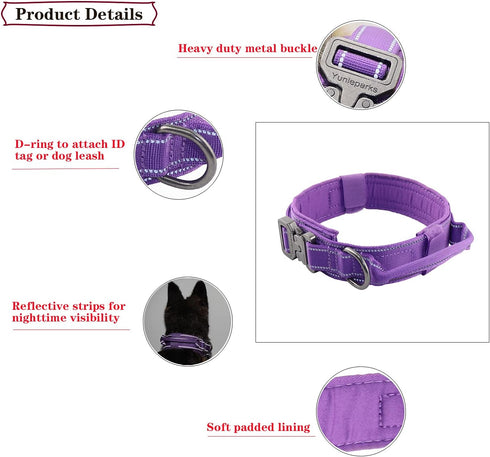 Tactical Dog Collar with Heavy Duty Metal Buckle and Control Handle for Medium Large Dogs Training, Purple, Large