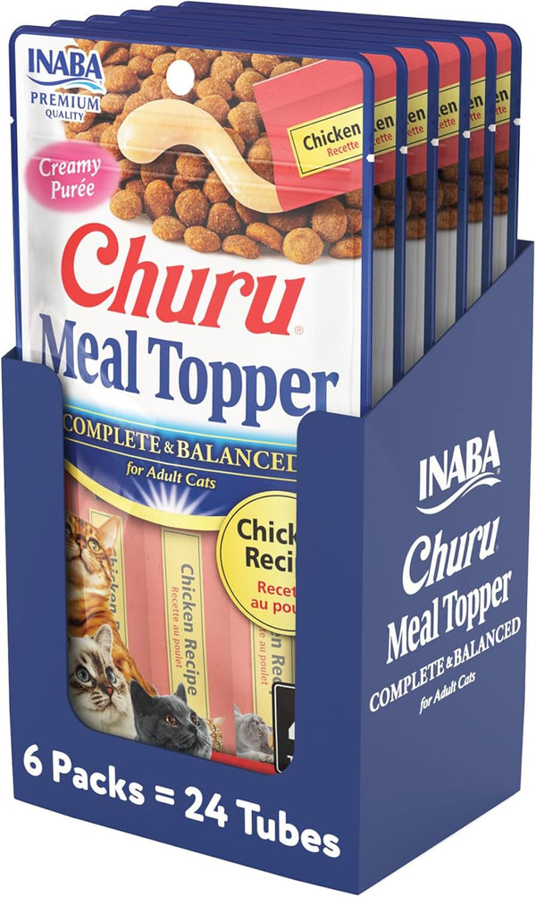 INABA Churu Meal Topper for Cats, Chicken Recipe, Creamy Lickable Purée, Complete & Balanced, 0.5 Ounce Tube, 24 Tubes