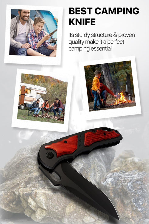 Pocket Knife - Tactical Spring Assisted Folding Knife, EDC Camping Gear for Men, Wood Handle, Sharp Blade - Father's