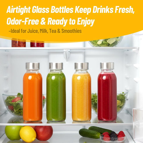 10oz, 8 Pack Luxfuel Glass Juice Bottles with Lids Reusable Glass Water Bottle with Stainless Steel Caps & Straws, Leak