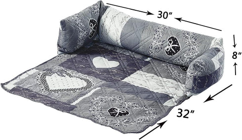 Brilliant Sunshine Grey Heart Love Patchwork Pet Sofa Bed, Quilted, Washable Couch Protector with Removable Bolster,
