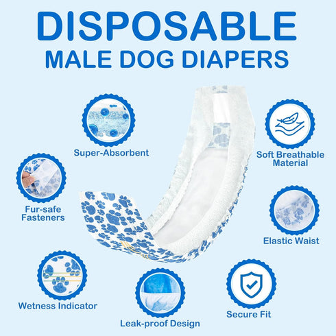 60ct, Dono Dog Diapers Male, Disposable Male Dog Wraps Ultra Absorbent Doggie Diapers, Rapid-Dry Leak-Proof Puppy