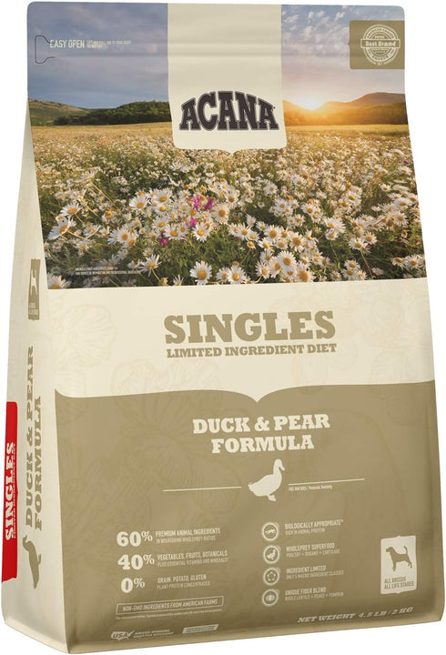 ACANA Singles Duck and Pear Recipe, Limited Ingredient Diet Dry Dog Food, 4.5 lbs