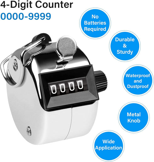 Tally Counter, 4-Digit Clicker Counter, Metal Hand Counters for Counting, Knitting, Coaching, Golf, Fishing