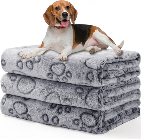 Luciphia 1 Pack of 3 Fluffy Premium Fleece Pet Blankets, Paw Printed Throw for Dogs and Cats, Grey