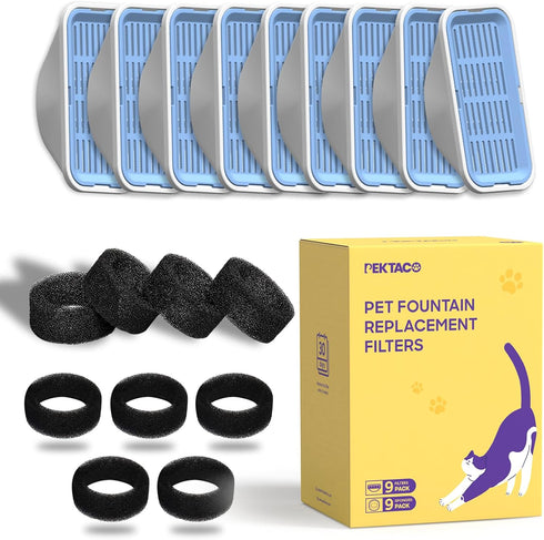 3.2L/108oz 9 Pack 9 PEKTACO Cat Water Fountain Filters Replacement & Pre-Filter Sponges for Automatic Pet Fountain, Dog