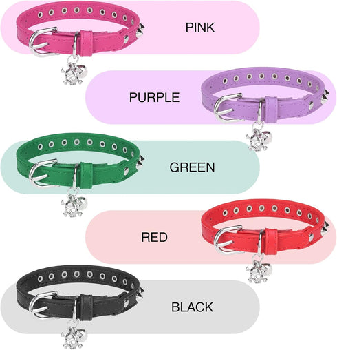 Leather Cat Collars for Boy & Girl Cats - Adjustable Safety Elastic Belt with Bell, Skull Charm, Purple