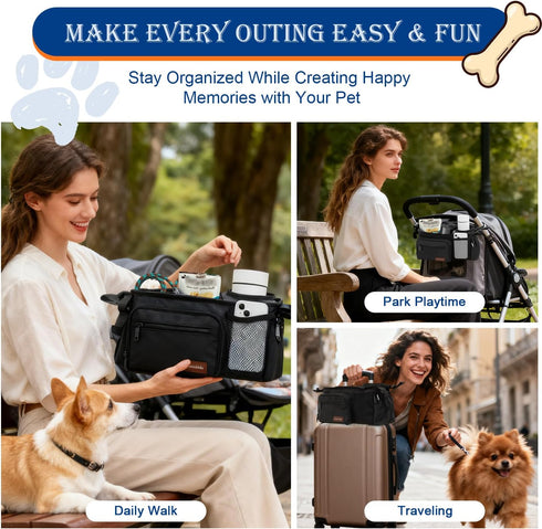 1419" Dog Stroller Organizer Bag, Dog Mom Gifts for Women Pet Stroller Caddy, Stroller Accessories with Cup Holder