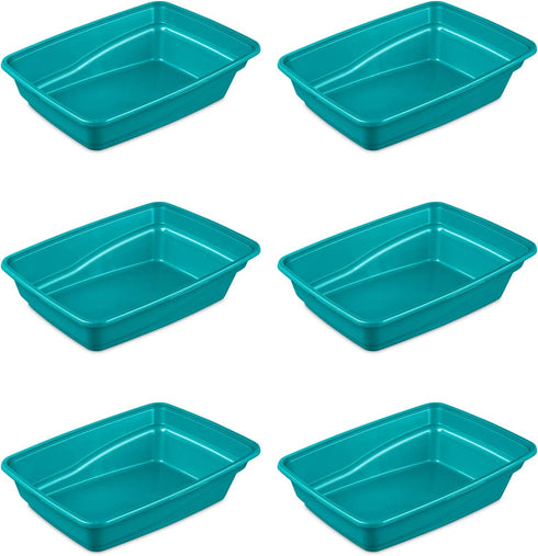 Sterilite Large Cat Litter Pan, High Sides and Low Entry for Easy Access, Plastic, Teal, 6-Pack