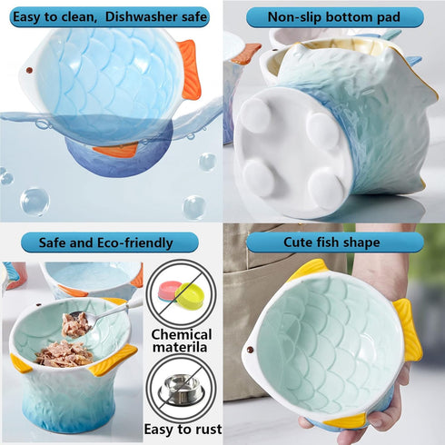 Raised Tilted Ceramic Cat Food Bowl, Cute Pink Fish Shape Elevated Dish for Kitty Feeding, Anti Vomiting