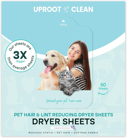 Uproot Clean Dryer Sheets - Pet Hair Reducing Laundry Remover, Prevents Dog and Cat Hair from Sticking, 50ct