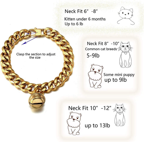 18K Gold Cat Dog Collar, 1/2inch 12mm Wide Stainless Steel Chew Proof Cuban Link Chain with Bell, Neck Fit 6"-14”
