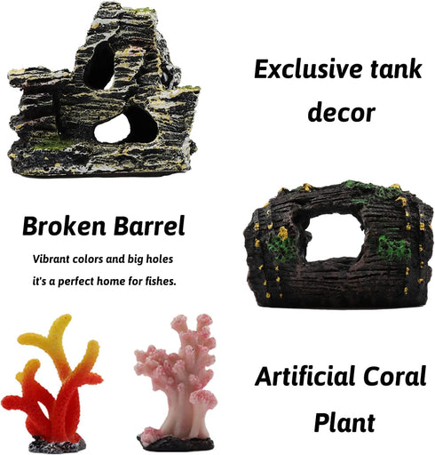 Fish Tank Decorations, 15pcs Aquarium Plants with Resin Broken Barrel and Cave Rock View, Fish Tank Accessories
