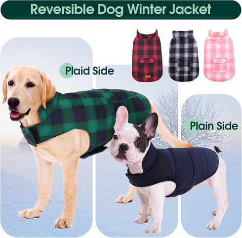 Kuoser Dog Winter Coat, Reversible British Style Jacket, Warm Cold Weather Vest for Small Dogs, Green S