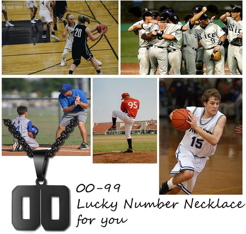 Number Necklace for Boy, Black Athletes Number Stainless Steel Chain, Personalized Sports Jewelry for Men