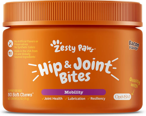 Zesty Paws Hip and Joint Supplement for Dogs - Glucosamine with Chondroitin, MSM, Vitamins C and E, Mobility Bites (50