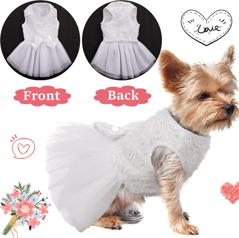 QBLEEV Dog Dress Tutu Skirt for Large Dogs, Sweet White Princess Dresses with Bowknot and Rose Decor, L