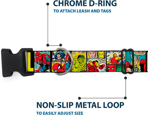 Dog Collar Plastic Clip Marvel Retro Comic Panels, Black Yellow, 6 to 9" Wide