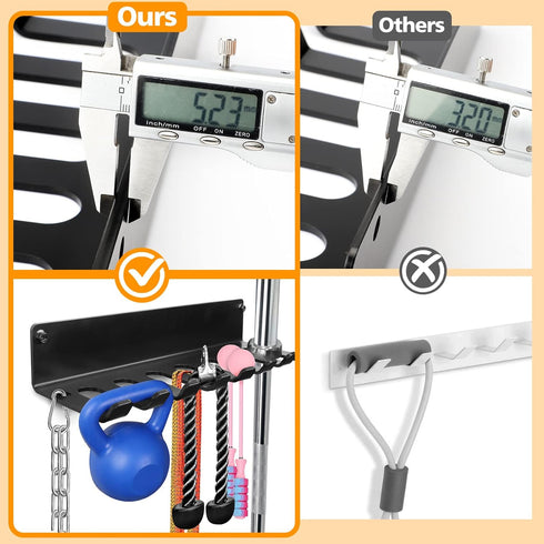 Gym Rack Organizer - Wall Mount Hooks for Olympic Barbells, Row Handles, Bats, Tools (E-Book Instruction Included)