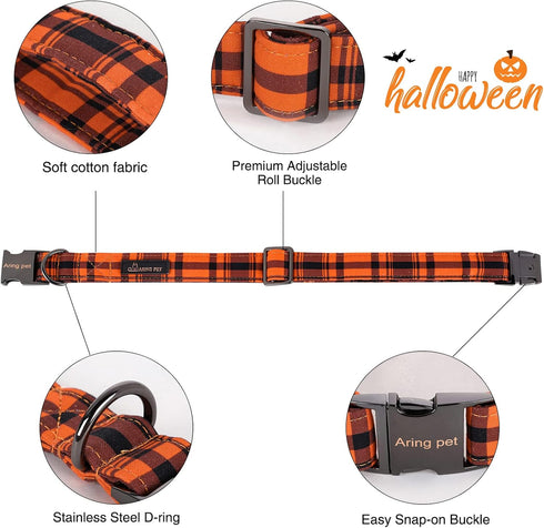 ARING PET Cute Fall Dog Collar with Bow, Adjustable Halloween Orange Grid Bowtie Collar for Small Medium Large Dogs