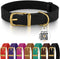 BRONZEDOG Leather Dog Collar with QR ID Tag, Basic Pet Collars for Small Dogs, Black & Gold Buckle